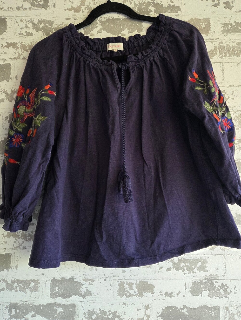 Solitaire Navy Boho Embroidered Bird Floral Peasant Top Small